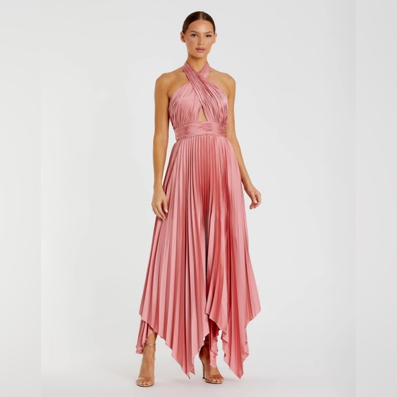 Mac Duggal NEW Rose Pink Pleated Halter Neck Asymmetrical Hem Satin Gown Size 18 - Picture 15 of 15